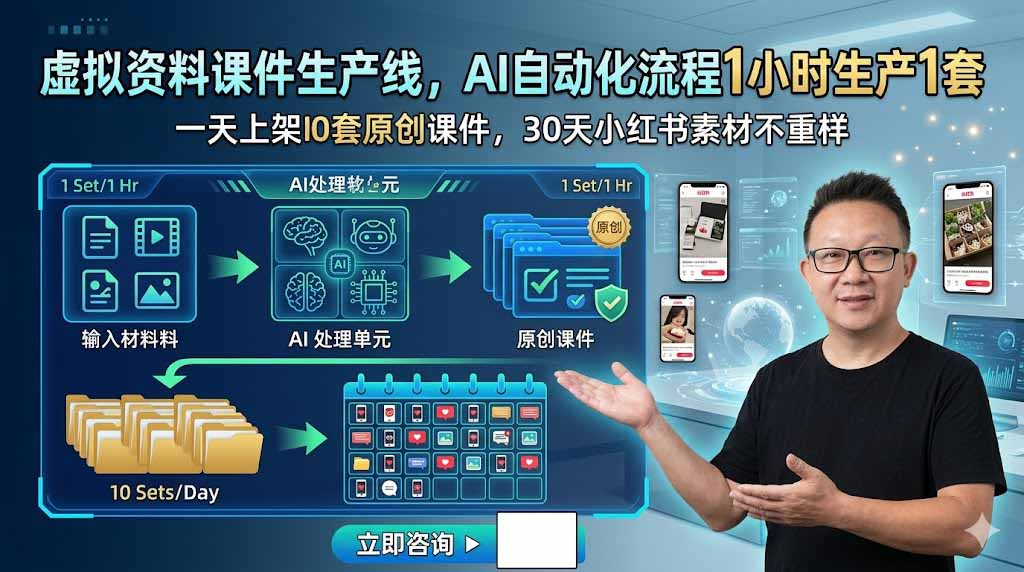 （19091期）虚拟资料课件生产线，AI自动化流程1小时生产1套，一天上架10套原创课件，30天小红书素材不重样-齐力副业