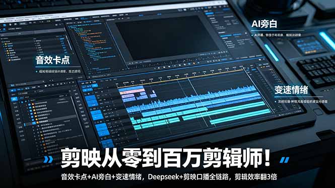(18867期)剪映从零到百万剪辑师!音效卡点+AI旁白+变速情绪,Deepseek+剪映口播全链路,剪辑效率翻3倍-齐力副业