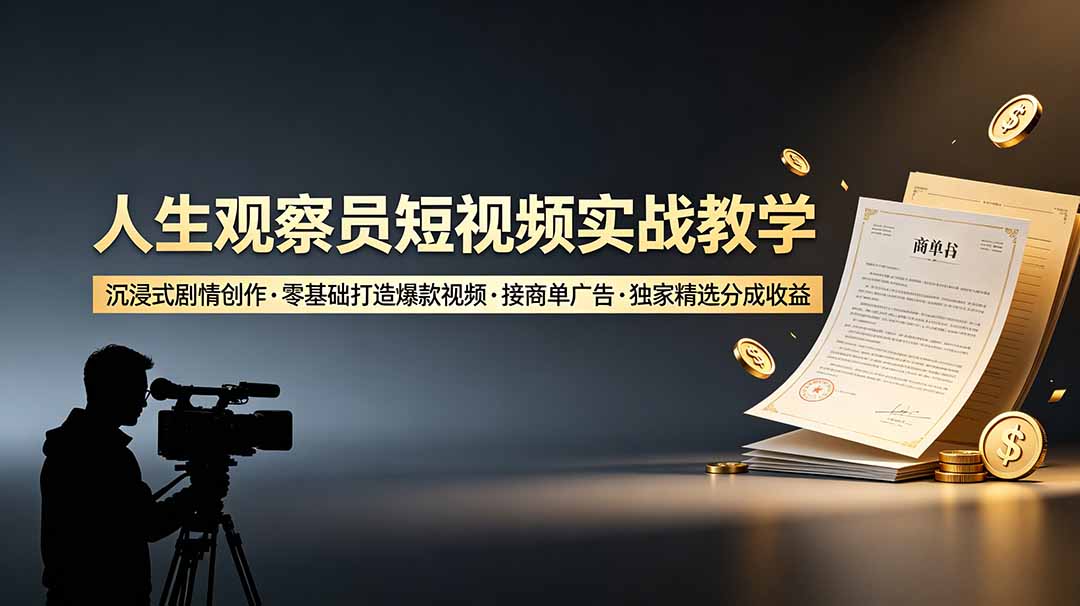 （19113期）人生观察员短视频实战教学，沉浸式剧情创作，零基础打造爆款视频，接商单广告，独家精选分成收益-齐力副业