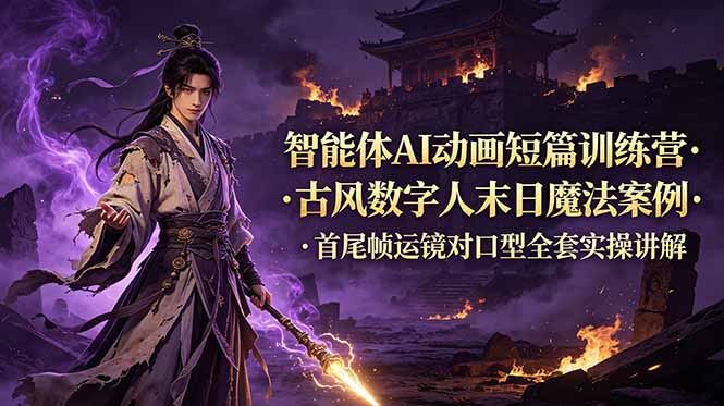 （19114期）智能体AI动画短篇训练营-更新，古风数字人末日魔法案例，首尾帧运镜对口型全套实操讲解-齐力副业