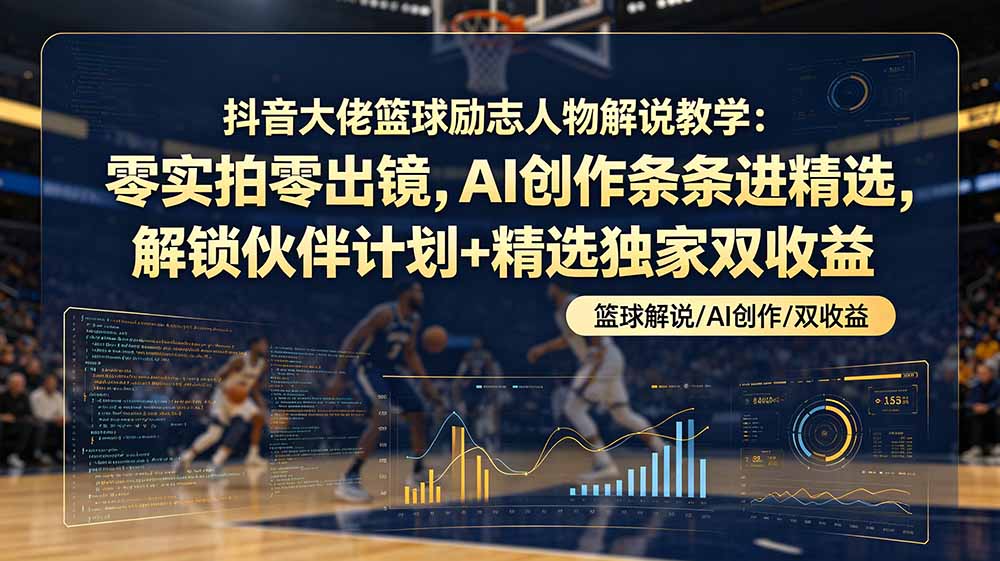 （19047期）抖音大佬篮球励志人物解说教学：零实拍零出镜，AI创作条条进精选，解锁伙伴计划+精选独家双收益-齐力副业