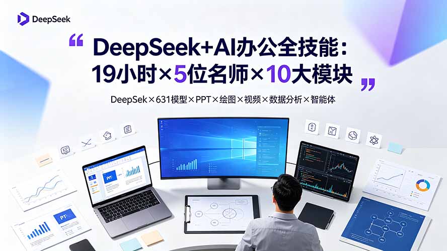 （19411期）DeepSeek+AI办公全技能：19小时×5位名师×10大模块，DeepSeek×631模型×PPT×绘图×视频×数据分析×智能体-齐力副业