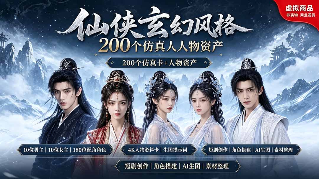 （19301期）200个仙侠玄幻仿真人素材◆10男主×10女主×180配角，4K资料卡+AI生图提示词，漫剧必备-齐力副业