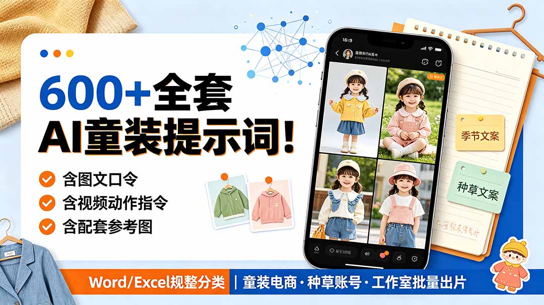（19302期）600+全套AI童装提示词！含图文口令+视频动作指令+配套参考图，Word/Excel规整分类，童装电商、种草无脑量产内容-齐力副业
