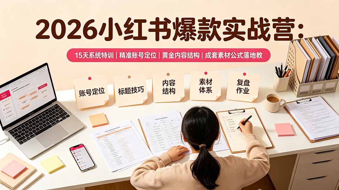 （19332期）2026小红书爆款实战营：15天系统特训｜精准账号定位｜黄金内容结构｜成套素材公式落地教程-齐力副业