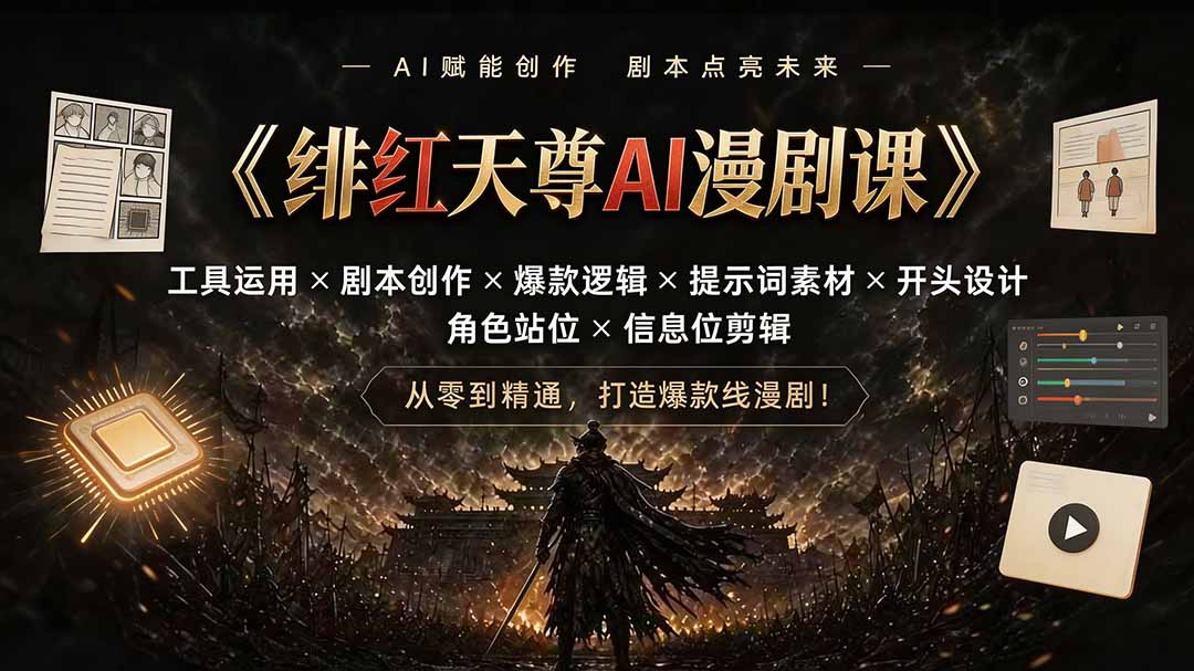（19597期）绯红天尊AI漫剧课｜工具运用×剧本创作×爆款逻辑×提示词素材×开头设计×角色站位×信息位剪辑-齐力副业
