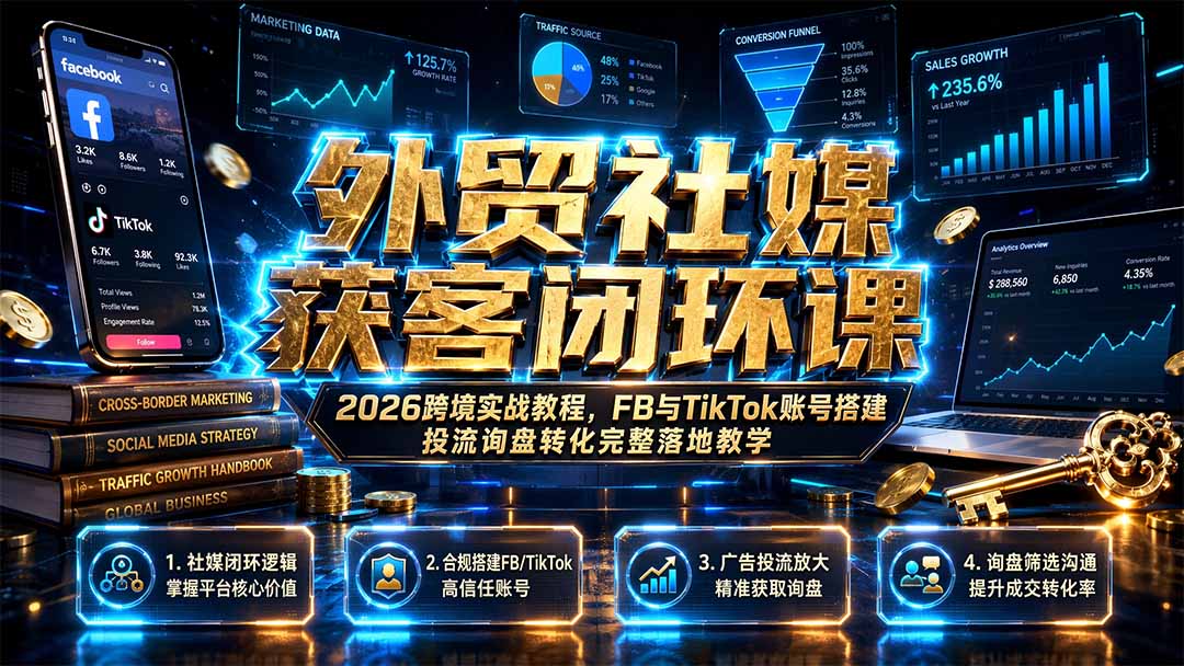 (19611期)外贸社媒获客闭环课|2026跨境实战教程,FB与TikTok账号搭建投流询盘转化完整落地教学-齐力副业