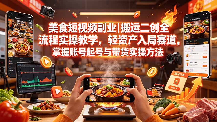 (19535期)美食短视频副业|搬运二创全流程实操教学,轻资产入局赛道,掌握账号起号与带货实操方法-齐力副业