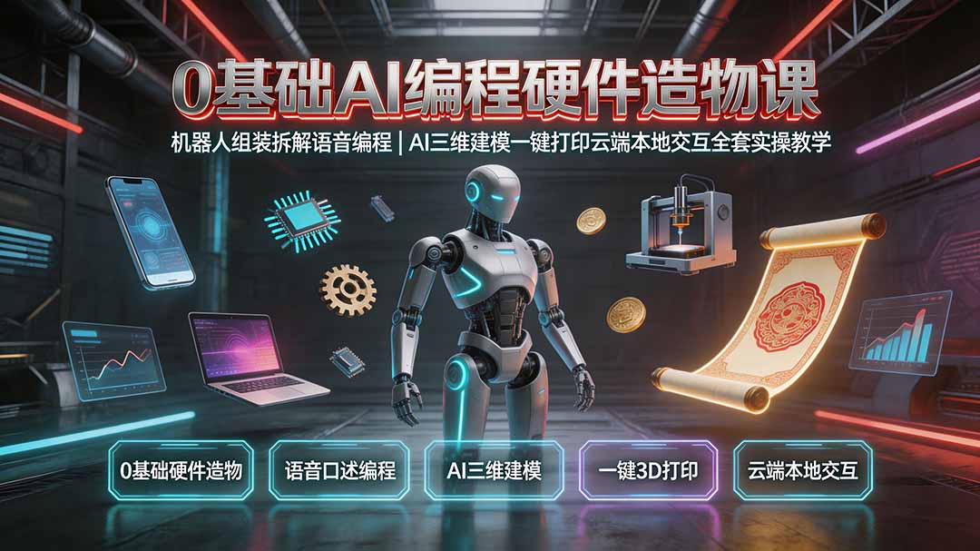 (19612期)0基础AI编程硬件造物课|机器人组装拆解语音编程,AI三维建模一键打印云端本地交互全套实操教学-齐力副业