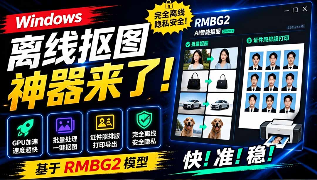 (19357期)Windows离线抠图神器来了!支持批量抠图 + 证件照排版打印,基于RMBG2模型,GPU加速 方块AI抠图插图1 (19357期)Windows离线抠图神器来了!支持批量抠图 + 证件照排版打印,基于RMBG2模型,GPU加速 方块AI抠图插图1