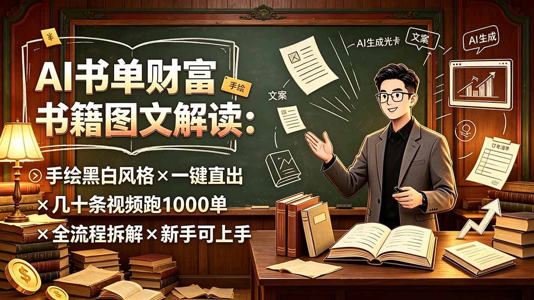 （19515期）AI书单财富书籍图文解读：手绘黑白风格×一键直出×几十条视频跑1000单×全流程拆解×新手可上手-齐力副业
