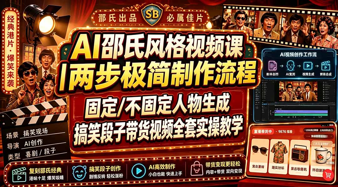 （19602期）AI邵氏风格视频课｜两步极简制作流程，固定/不固定人物生成，搞笑段子带货视频全套实操教学-齐力副业