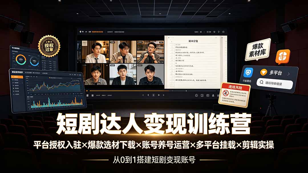 (19551期)短剧达人变现训练营:平台授权入驻×爆款选材下载×账号养号运营×多平台挂载×剪辑实操×违规处理全流程-齐力副业