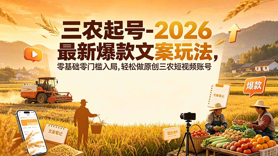 （19537期）三农起号-2026 最新爆款文案玩法，零基础零门槛入局，轻松做原创三农短视频账号-齐力副业