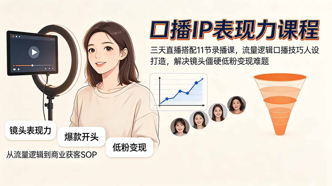 （19604期）口播IP表现力课程｜三天直播搭配11节录播课，流量逻辑口播技巧人设打造，解决镜头僵硬低粉变现难题-齐力副业