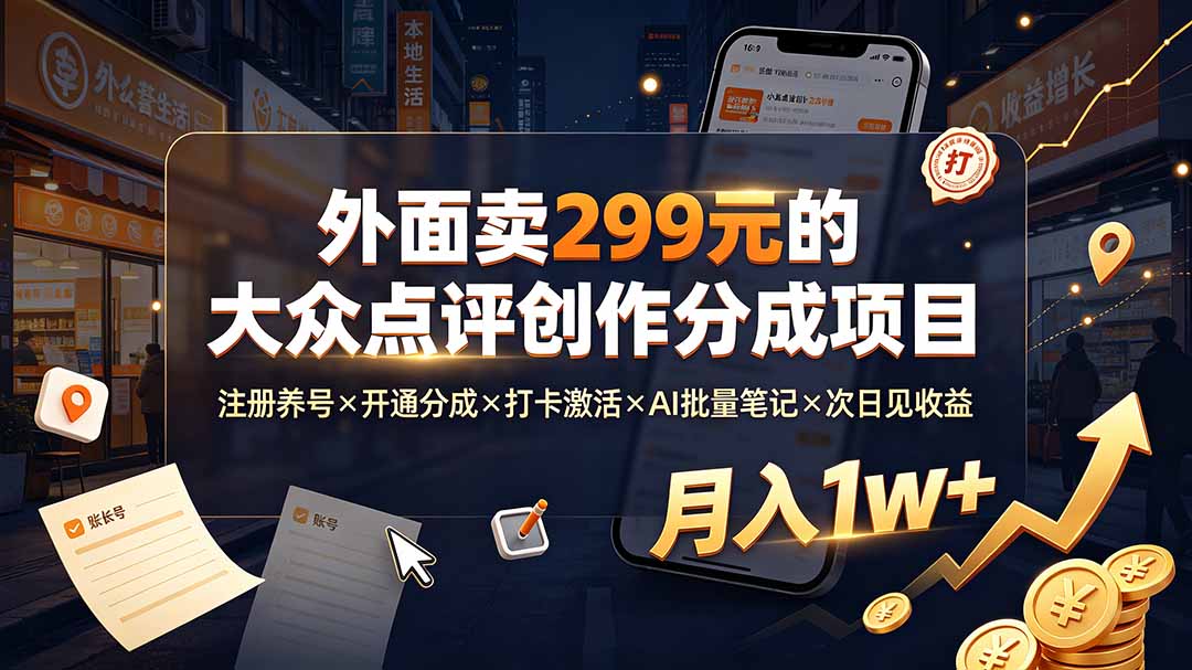 (19488期)外面卖299元的大众点评创作分成项目:注册养号×开通分成×打卡激活×AI批量笔记×次日见收益,月入1w+-齐力副业