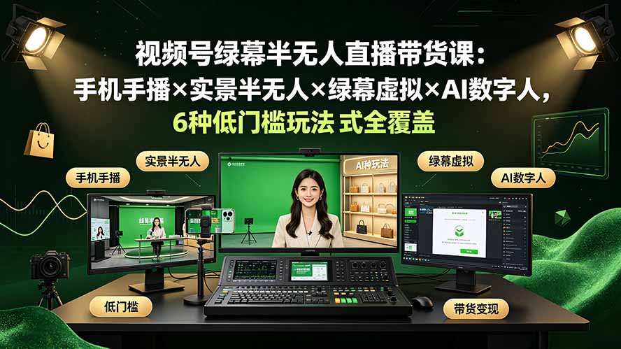 (19271期)视频号绿幕半无人直播带货课:手机手播×实景半无人×绿幕虚拟×AI数字人,6种低门槛玩法全覆盖-齐力副业