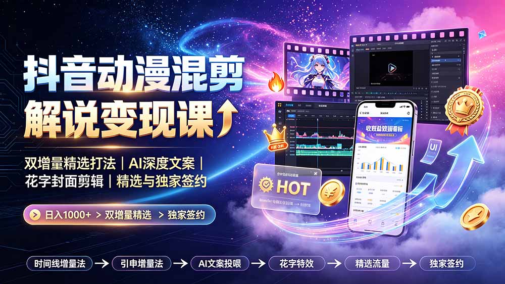 （19311期）抖音动漫混剪解说变现课：双增量精选打法｜AI深度文案｜花字封面剪辑｜ 精选与独家签约日入1000+-齐力副业