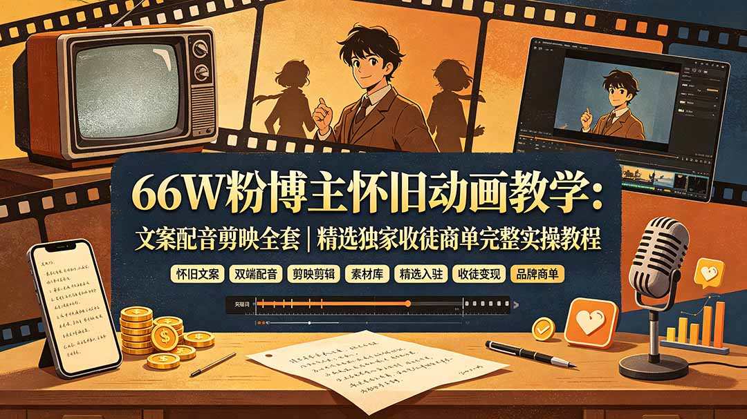 （19499期）66W粉博主怀旧动画教学：文案配音剪映全套｜精选独家收徒商单完整实操教程-齐力副业
