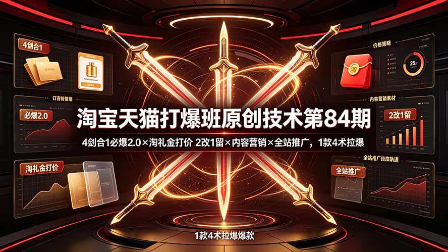 (19428期) 淘宝天猫打爆班原创技术第84期:4剑合1必爆2.0×淘礼金打价×2改1留×内容营销×全站推广,1款4术拉爆-齐力副业