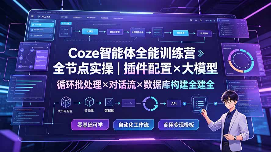 （19324期）Coze智能体全能训练营：全节点实操｜插件配置×大模型×循环批处理×对话流×数据库构建全教学-齐力副业