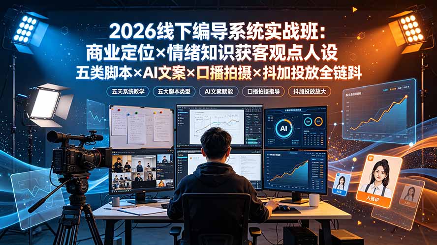 （19501期）2026线下编导系统实战班：商业定位×情绪知识获客观点人设五类脚本×AI文案×口播拍摄×抖加投放全链路-齐力副业