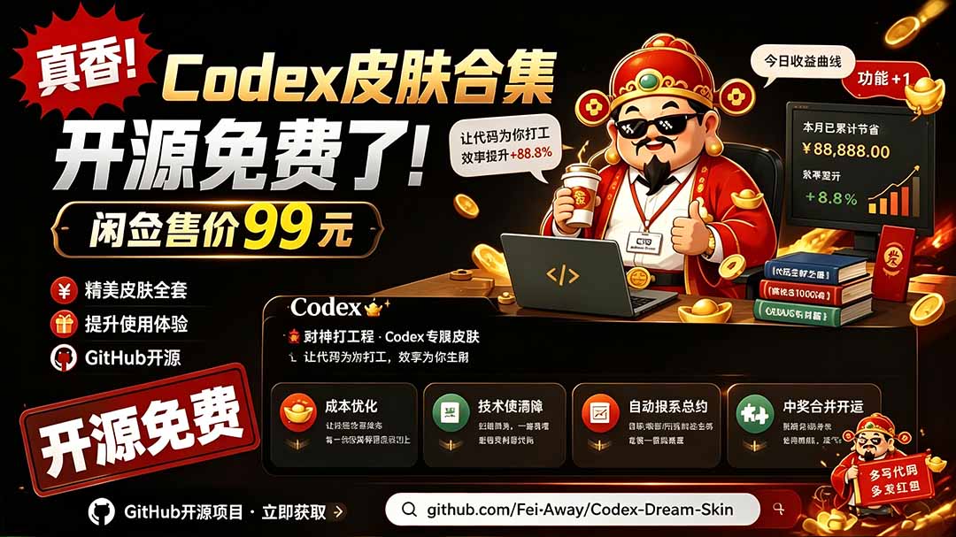 (19432期)闲鱼售卖99元的Codex皮肤包,GitHub 免费开源了!让你的codex变成精美界面 Codex Dream Skin-齐力副业