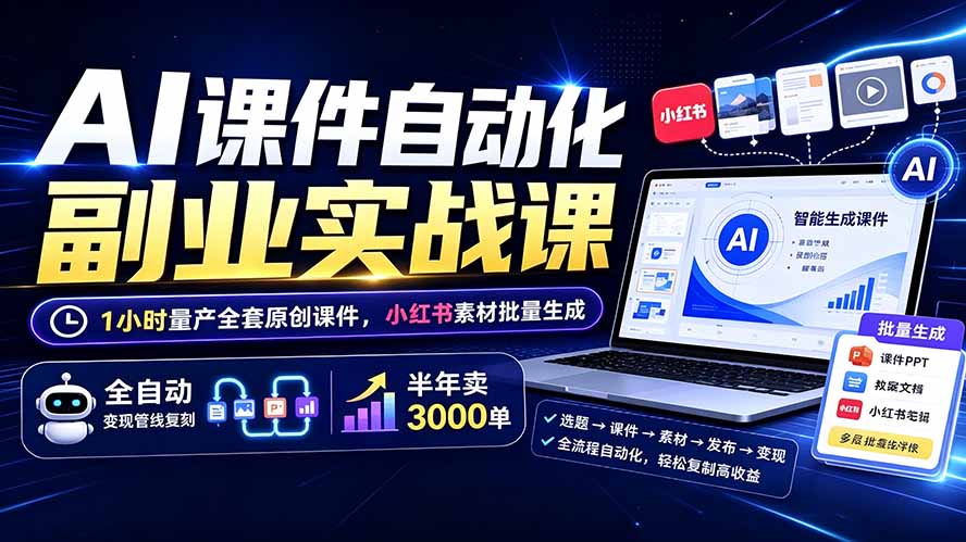 （19518期）AI课件自动化副业实战课：1小时量产全套原创课件×小红书素材批量生成×全自动变现管线×半年卖3000单-齐力副业