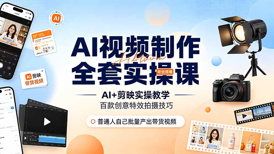 (19200期)AI视频制作全套实操课,多款AI工具搭配剪映教学,百种特效运镜拍摄实操,抖音账号带货运营全覆盖-齐力副业