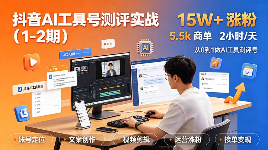 (19380期)抖音AI工具号测评实战(1-2期):单号涨粉15W+×商单5.5k×伙伴计划×普通人可复制,每天2小时长期可持续-齐力副业
