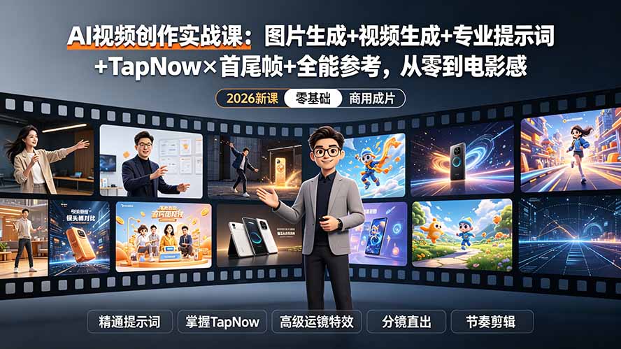 (19383期)AI视频创作实战课:图片生成+视频生成+专业提示词+TapNow×首尾帧+全能参考,从零到电影感成片-齐力副业