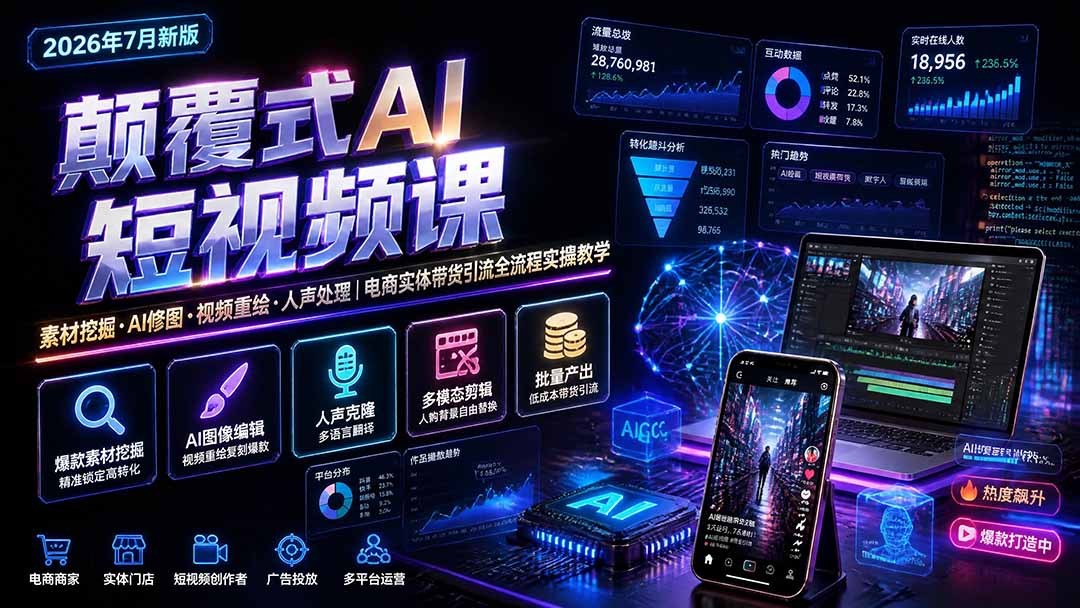 （19630期）颠覆式AI短视频课｜素材挖掘，AI修图，视频重绘，人声处理｜电商实体带货引流全流程实操教学-齐力副业