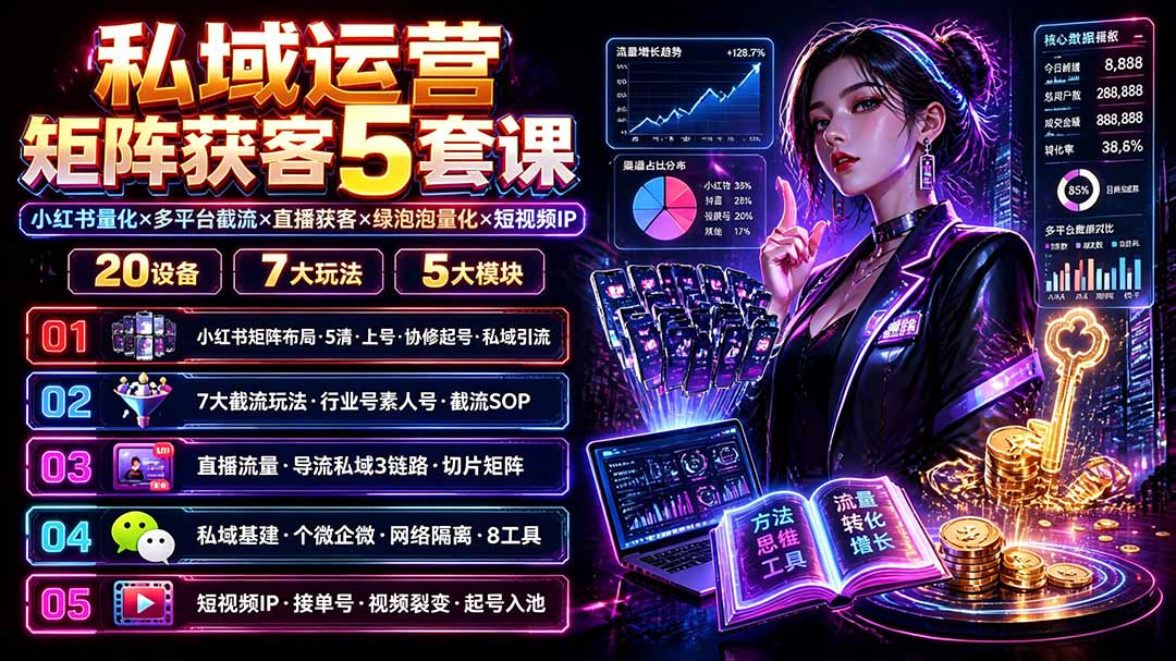 (19617期)私域运营矩阵获客5套课:小红书量化×多平台截流×直播获客×绿泡泡量化×短视频IP×20设备×7大玩法-齐力副业
