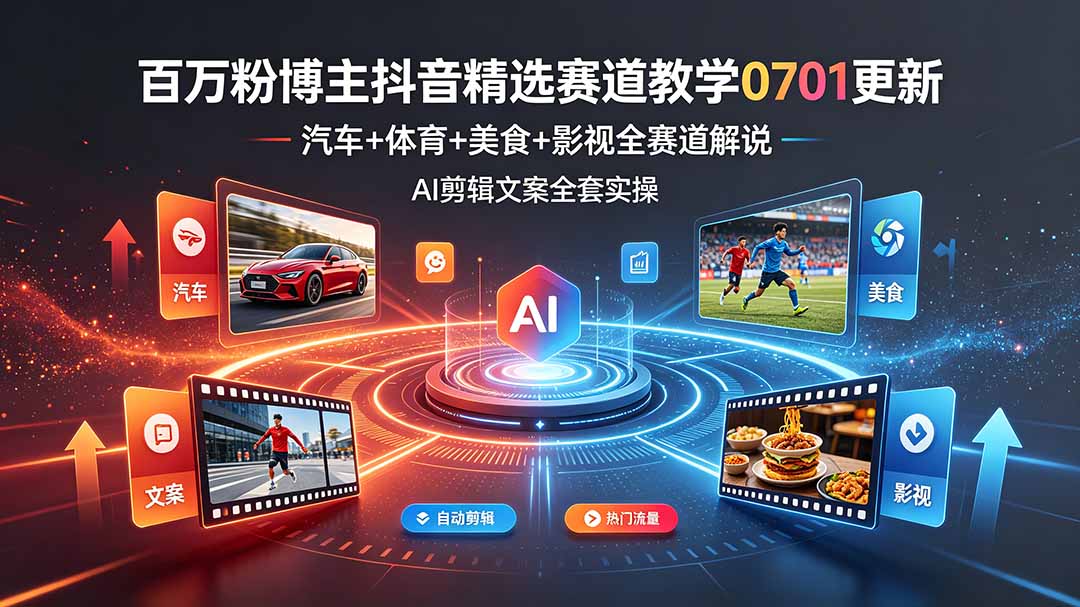 (19144期)百万粉博主抖音精选赛道教学-0701更新,汽车+体育+美食+影视全赛道解说,AI剪辑文案全套实操-齐力副业