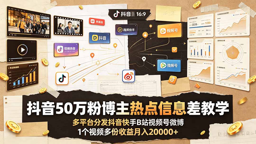 (19145期)抖音50万粉博主热点信息差教学:多平台分发抖音快手B站视频号微博,1个视频多份收益月入20000+-齐力副业