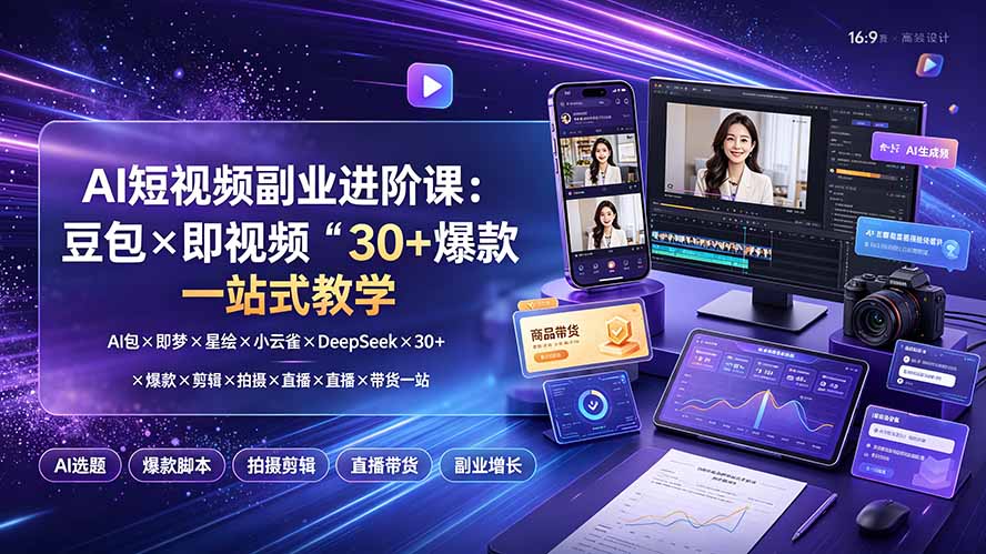(19458期)AI短视频副业进阶课:豆包×即梦×星绘×小云雀×DeepSeek×30+爆款×剪辑×拍摄×直播×带货一站式教学-齐力副业