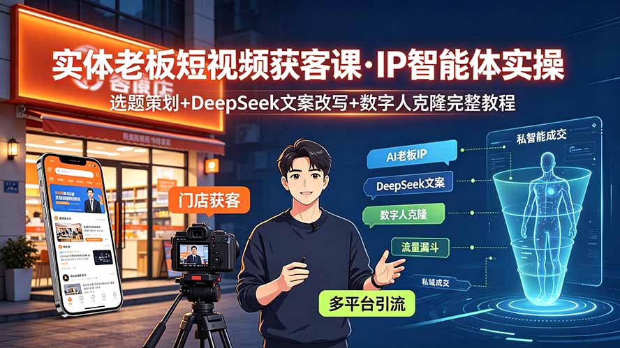 (19260期)实体老板短视频获客课·IP智能体实操|选题策划+DeepSeek文案改写+数字人克隆完整教程-齐力副业