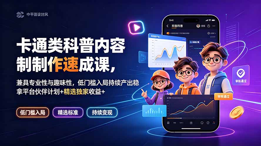 (19234期)卡通类科普内容制作速成课,兼具专业性与趣味性,低门槛入局持续产出稳拿平台伙伴计划+精选独家收益-齐力副业