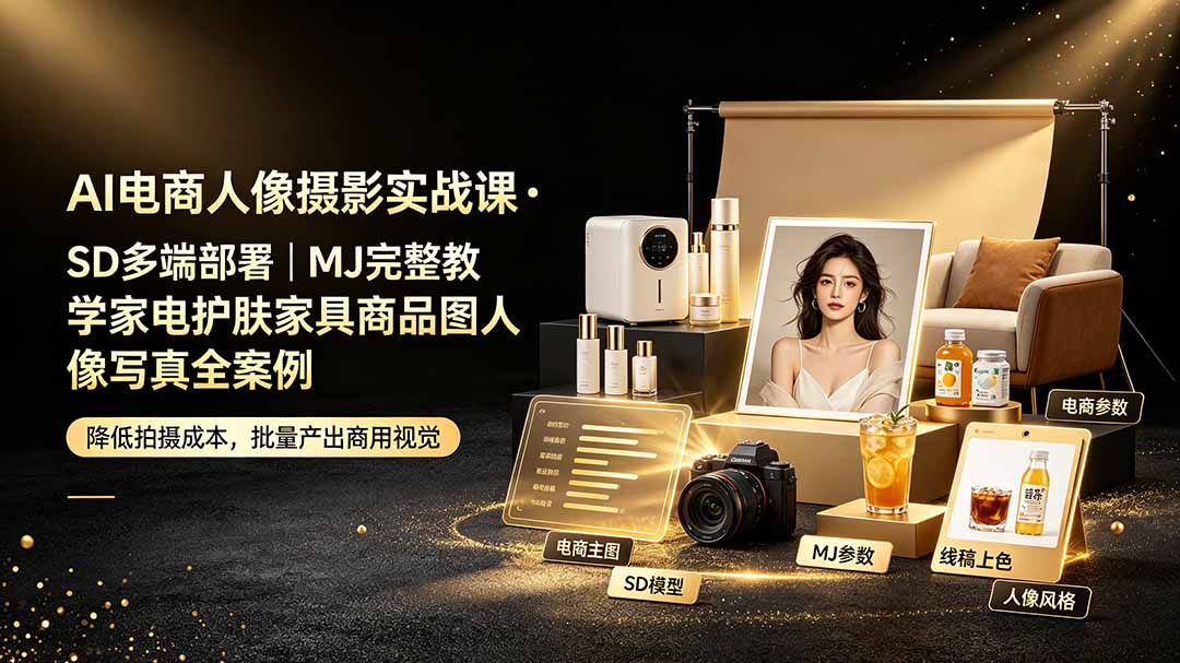 (19262期)AI电商人像摄影实战课·SD多端部署|MJ完整教学|家电护肤家具商品图人像写真全案例-齐力副业