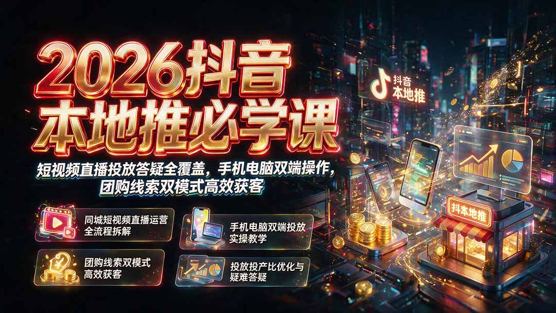 (19618期)2026抖音本地推必学课|短视频直播投放答疑全覆盖,手机电脑双端操作,团购线索双模式高效获客-齐力副业