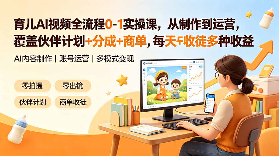 (19236期)育儿AI视频全流程0-1实操课,从制作到运营,覆盖伙伴计划+分成+商单+收徒多种收益,每天500+收益-齐力副业