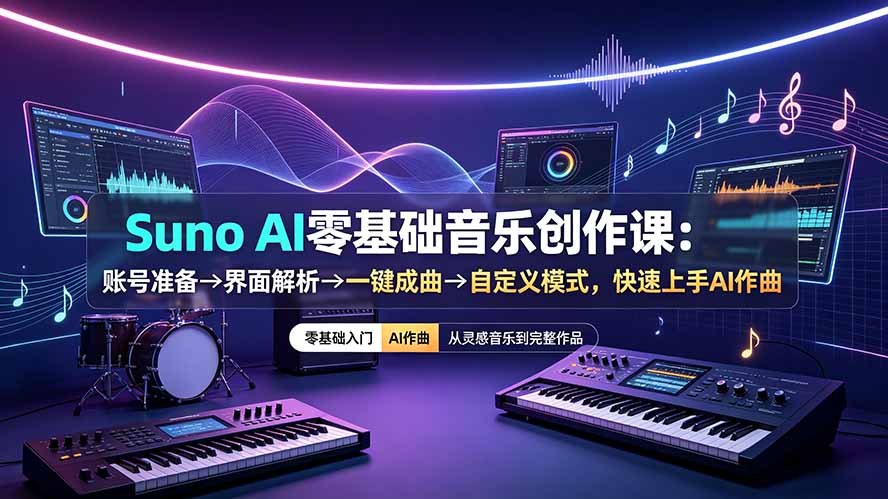 (19264期)Suno AI零基础音乐创作课:账号准备→界面解析→一键成曲→自定义模式,快速上手AI作曲-齐力副业