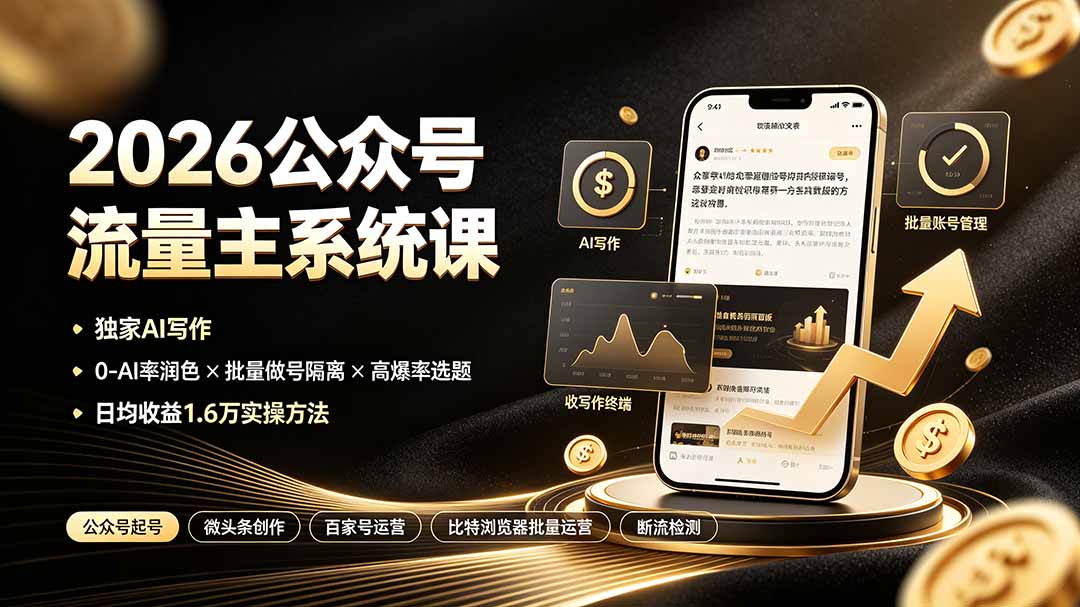 (19405期)2026公众号流量主系统课:独家AI写作×0-AI率润色×批量做号隔离×高爆率选题,日均收益1.6万实操方法-齐力副业