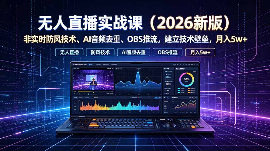 (19525期)无人直播实战课(更新7月),非实时防风技术、AI音频去重、OBS推流,建立技术壁垒,月入5w+-齐力副业