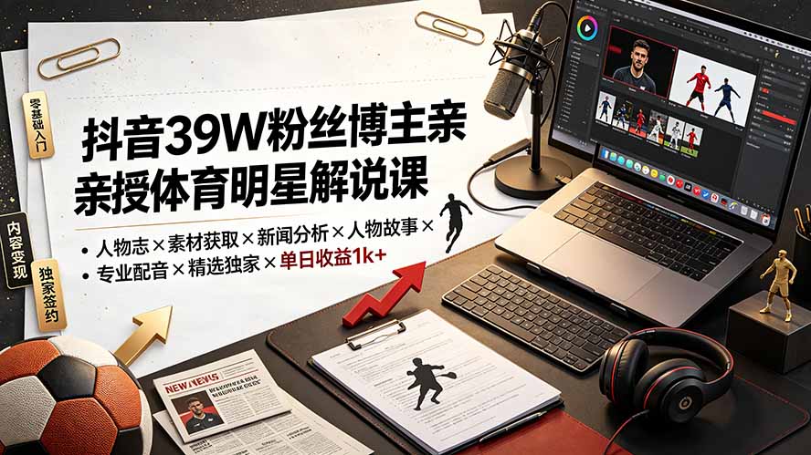 (19476期)抖音39W粉丝博主亲授体育明星解说课:人物志×素材获取×新闻分析×人物故事×专业配音×精选独家×单日收益1k+-齐力副业