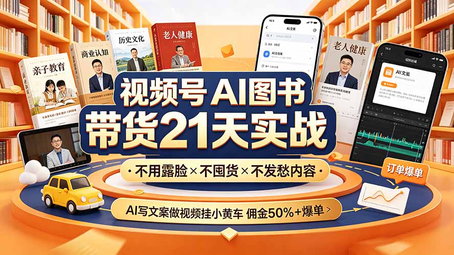 (19476期)视频号AI图书带货21天实战:不用露脸×不囤货×不发愁内容,AI写文案做视频挂小黄车,佣金50%+爆单-齐力副业