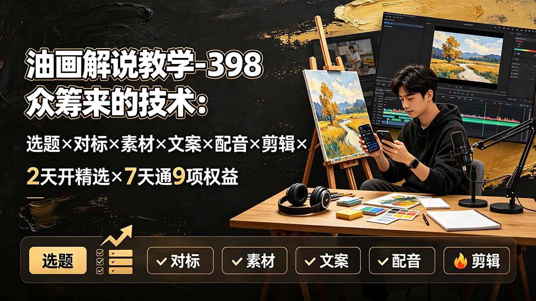 (19527期)油画解说教学-398众筹来的技术:选题×对标×素材×文案×配音×剪辑×2天开精选×7天通9项权益-齐力副业