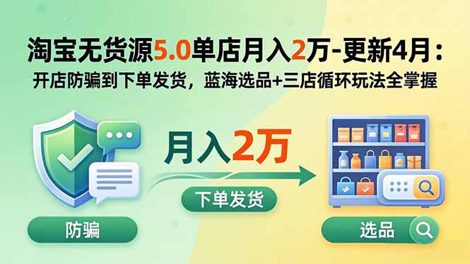 (19683期)淘宝无货源5.0单店月入2万-更新2026:开店防骗到下单发货,蓝海选品+三店循环玩法全掌握-齐力副业