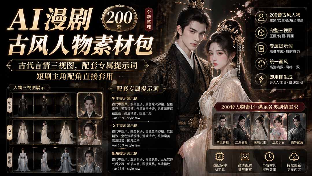 (19693期)AI漫剧古风人物素材包+提示词|200 套古代言情三视图,配套专属提示词短剧主角配角直接套用-齐力副业