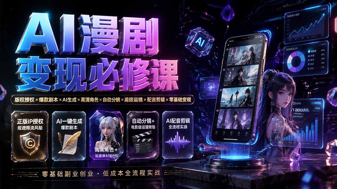 (19664期)AI漫剧变现必修课:版权授权×爆款剧本×AI生成×高清角色×自动分镜×高级运镜×配音剪辑×零基础变现-齐力副业